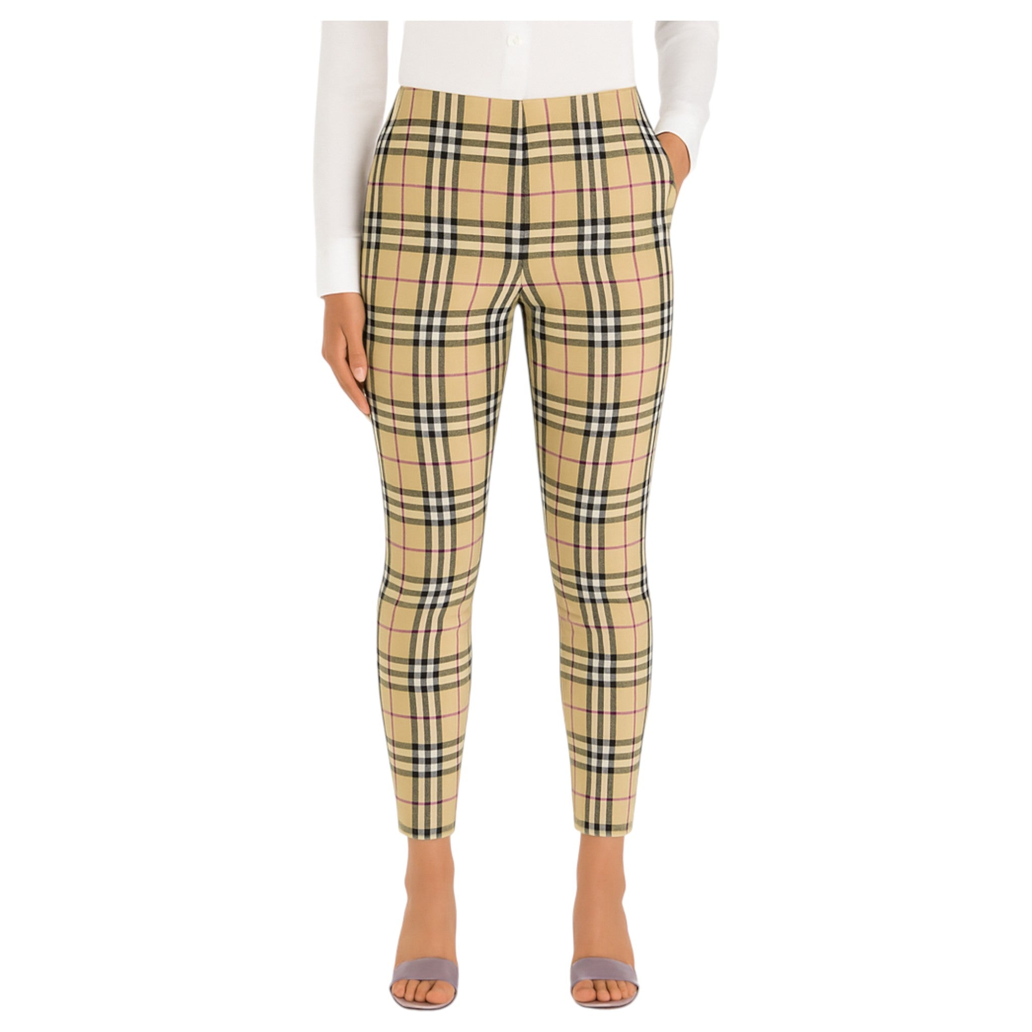Womens beige check jeggings – Ladies soft touch stretchy slim fit high waist legging trousers